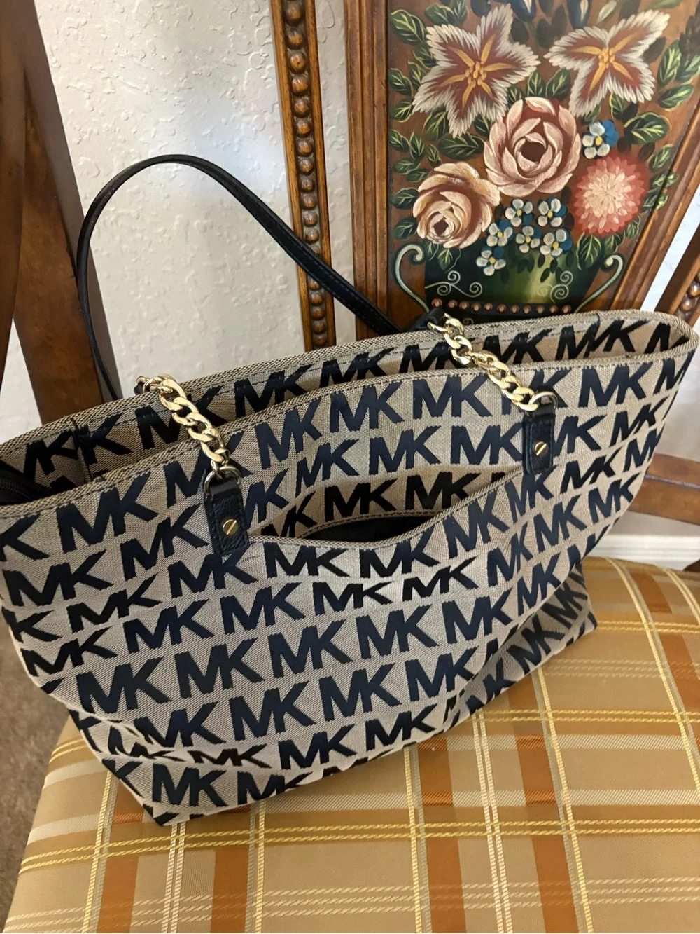 Michael Kors Black Logo-Print Canvas Tote with Gold Accents